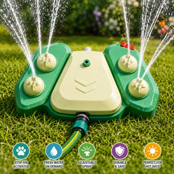 Dog water sprinkler toy with adjustable spray nozzles connected to a garden hose for outdoor summer hydration and play