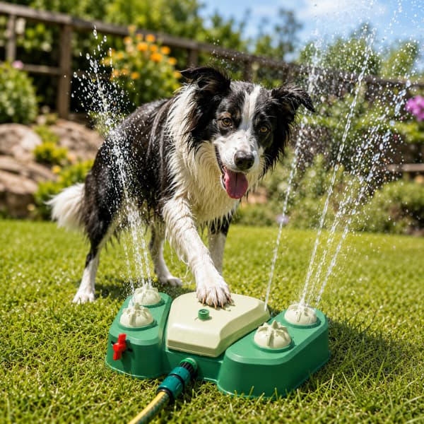 Border Collie using an outdoor dog water sprinkler toy for cooling, hydration and summer garden play