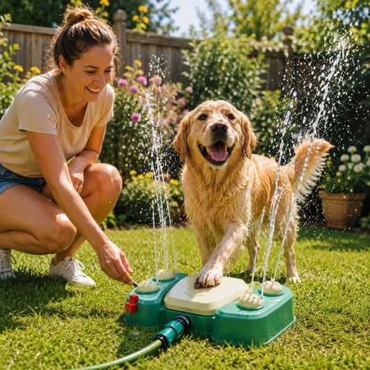 Golden Retriever using a dog water sprinkler toy with owner in a garden for summer cooling, hydration and outdoor play