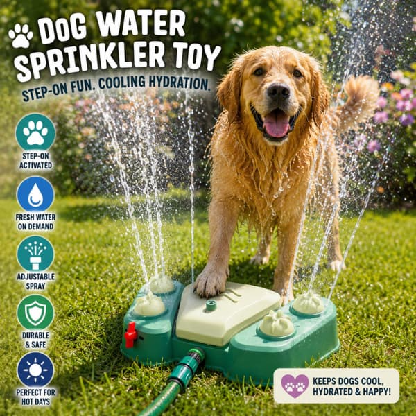 Golden Retriever using a dog water sprinkler toy in a garden to stay cool and hydrated during hot summer weather
