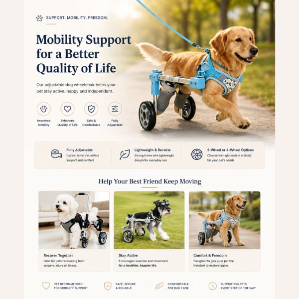 Golden retriever using an adjustable dog wheelchair cart for mobility and rehabilitation support outdoors