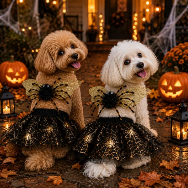Two dogs wearing black and gold spider costumes outdoors for Halloween