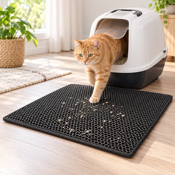 Ginger tabby cat stepping from an enclosed litter box onto a black honeycomb cat litter mat