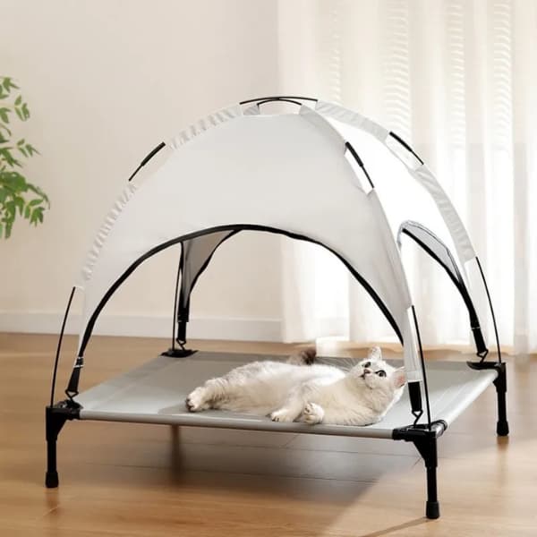 elevated dog bed with sun shade outdoor cooling pet bed for summer garden use
