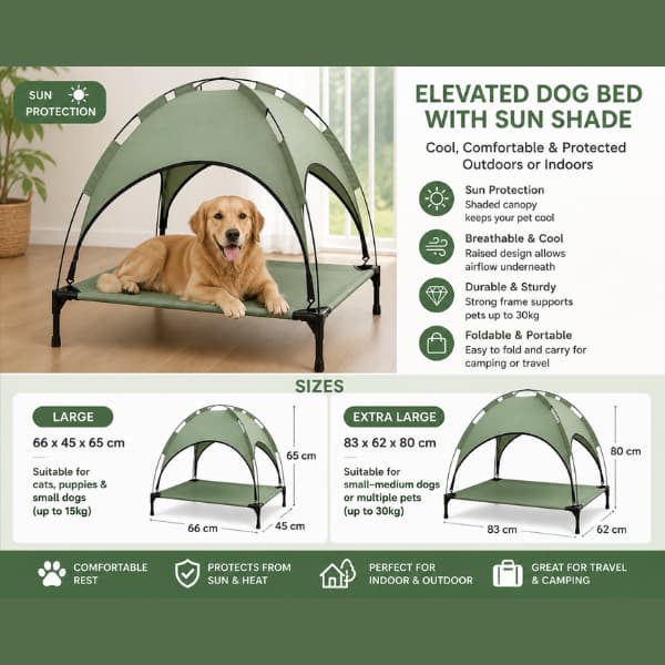 elevated dog bed with sun shade showing size guide and cooling features for outdoor pet use