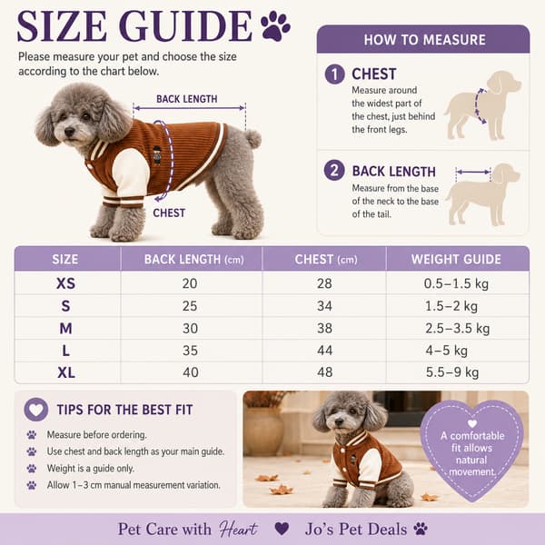 Embroidered corduroy dog varsity jacket size guide with chest and back measurements from XS to XL