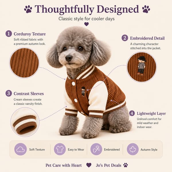 Embroidered corduroy dog varsity jacket benefits showing ribbed texture, cream sleeves and lightweight design