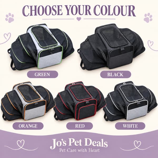 Expandable pet carrier colour options in green, black, orange, red and white with breathable mesh sides