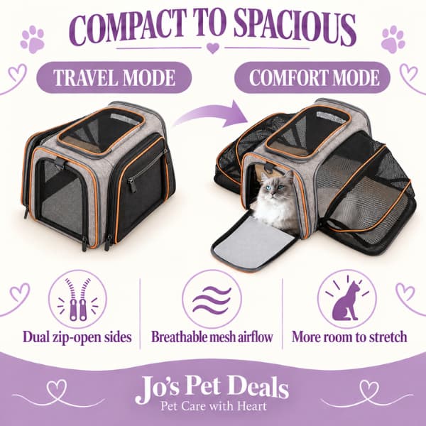 Expandable pet carrier shown in compact travel mode and spacious comfort mode with dual breathable mesh sides