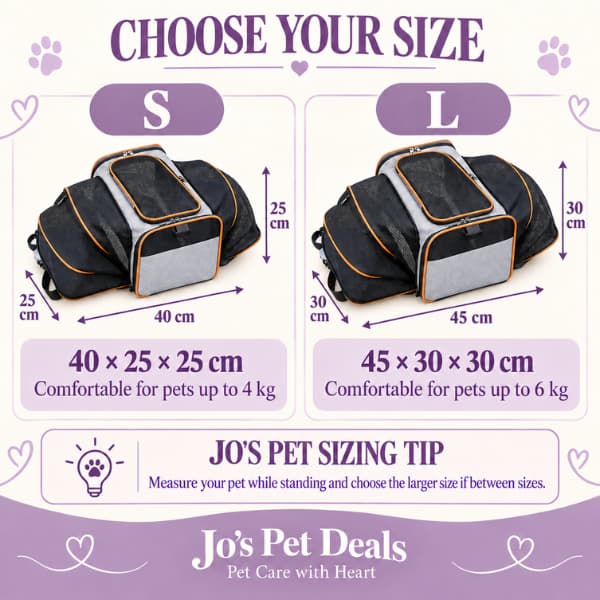 Expandable pet carrier size guide showing small and large dimensions with comfortable pet weight recommendations