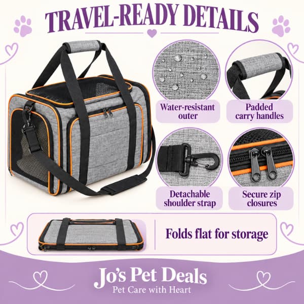 Expandable pet carrier travel features showing water-resistant outer, padded handles, detachable shoulder strap, secure zips and fold-flat storage
