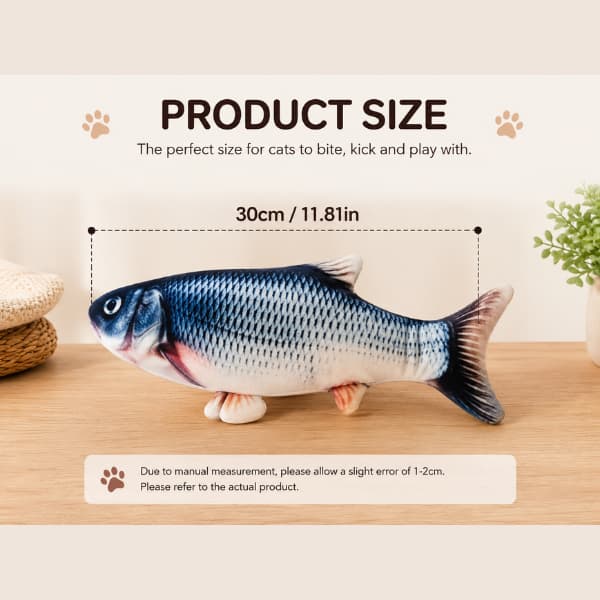 Size guide showing a realistic interactive fish cat toy measuring 30cm long displayed on a wooden table in a cozy indoor setting