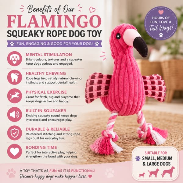 Benefits infographic for a pink flamingo squeaky rope dog toy, highlighting mental stimulation, healthy chewing, interactive play, durable rope legs, built-in squeaker and bonding time for dogs of all sizes.