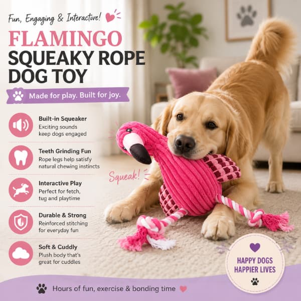 Golden Retriever playing with a pink flamingo squeaky rope dog toy, showing interactive play, durable rope legs, soft plush material and built-in squeaker for dogs of all sizes.