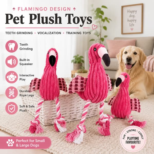 Pink flamingo squeaky rope dog toy with durable rope legs and soft plush body, shown in a cosy home with a happy Golden Retriever, suitable for interactive play, chewing and fetch.