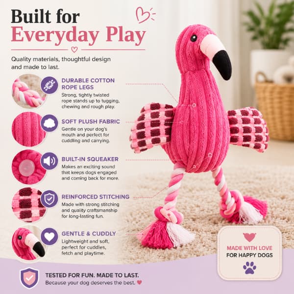 Construction and materials infographic for the Flamingo Squeaky Rope Dog Toy, highlighting durable cotton rope legs, soft plush fabric, built-in squeaker, reinforced stitching and a gentle cuddly design for everyday play.