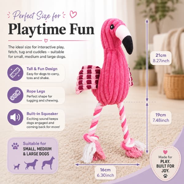 Size guide for the Flamingo Squeaky Rope Dog Toy showing dimensions of 21 cm height, 19 cm rope legs and 16 cm width, suitable for small, medium and large dogs.
