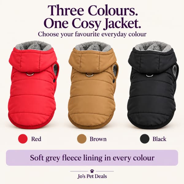 Red, brown and black padded hooded pet jackets displayed side by side, each with grey fleece lining and a silver D-ring.