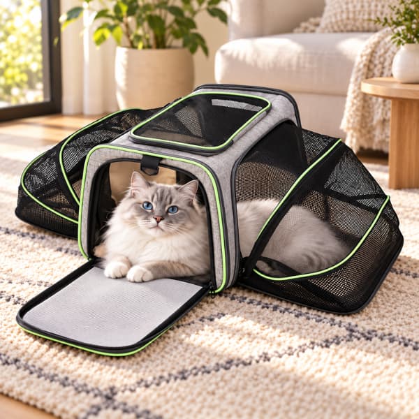 Fluffy cat relaxing inside a grey expandable pet carrier with green trim and breathable mesh sides