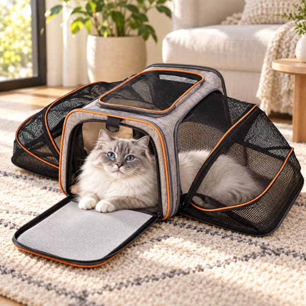 Fluffy cat relaxing inside an orange-trim expandable pet carrier with breathable mesh side panels