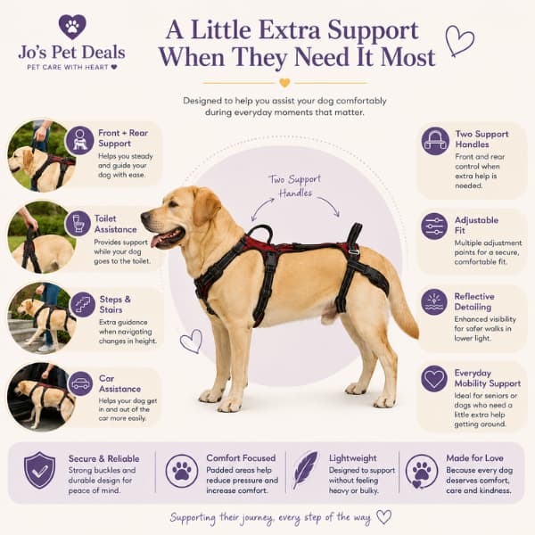 Full body dog lift harness benefits including front and rear support, toilet assistance, stairs and car mobility
