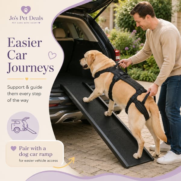 Labrador wearing a full body dog lift harness while being guided up a car ramp