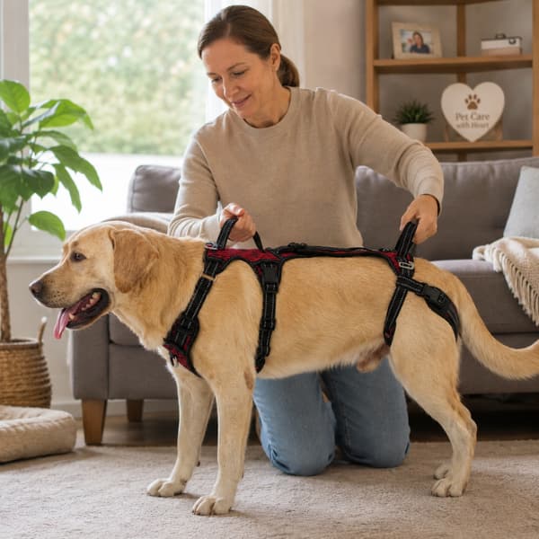 Labrador wearing a full body dog lift harness while being supported by the front and rear handles at home