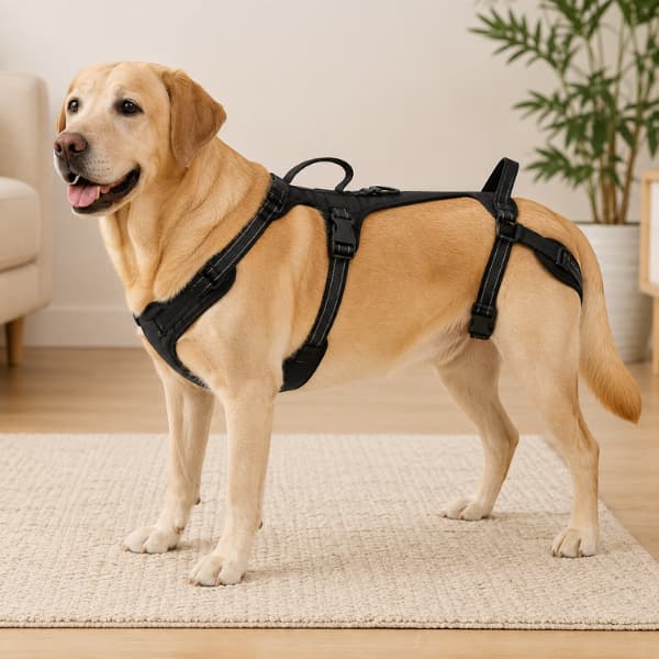 Golden Labrador wearing a black full body dog lift harness for mobility support