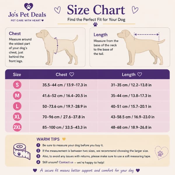 Full body dog lift harness size chart showing chest and back length measurements from S to 2XL