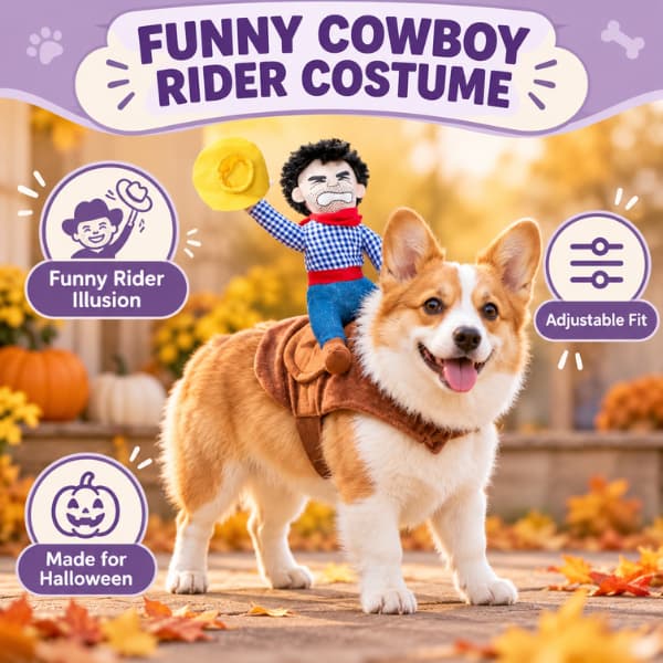 Corgi wearing a funny cowboy rider costume with adjustable-fit and Halloween feature highlights.