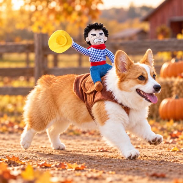 Corgi wearing a funny cowboy rider dog costume in a warm autumn ranch setting.