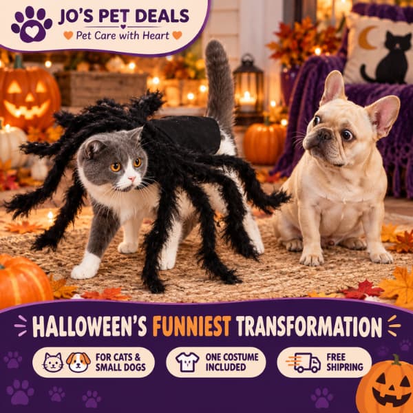 Grey and white cat wearing a furry spider costume beside a surprised small dog at Halloween