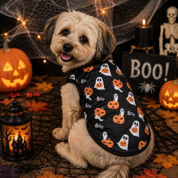 Small dog wearing black Halloween pet vest with ghost pumpkin and Boo print