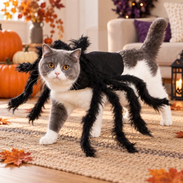 Grey and white cat wearing a giant furry black spider Halloween costume