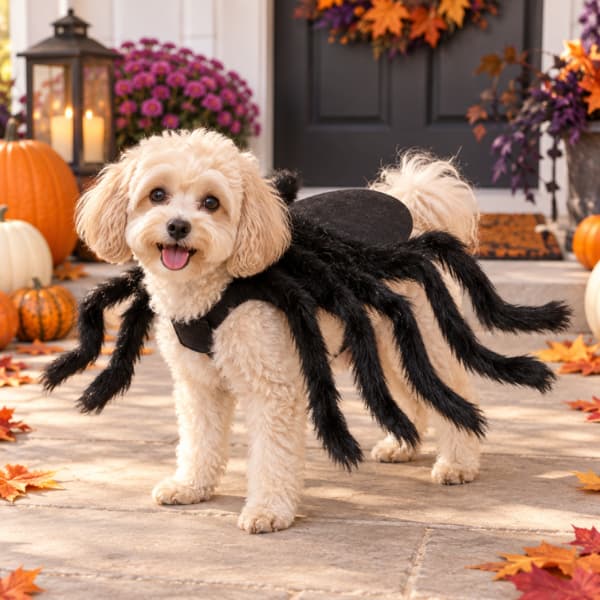 Small cream dog wearing a giant furry black spider Halloween costume