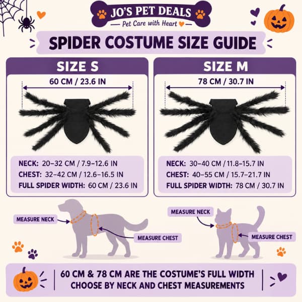 Size guide for the giant furry spider costume for cats and small dogs