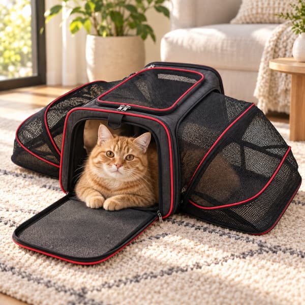 Ginger tabby cat relaxing inside a black expandable pet carrier with red trim and breathable mesh sides