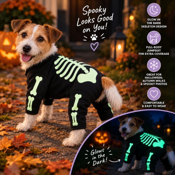 Dog wearing glow-in-the-dark skeleton Halloween jumpsuit with glowing bone design at night