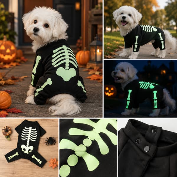 Small white dog wearing a black glow-in-the-dark skeleton Halloween jumpsuit