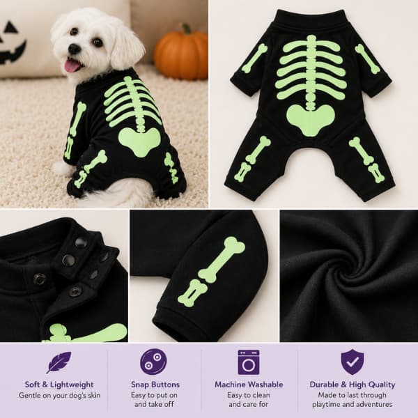 Black glow-in-the-dark skeleton dog jumpsuit showing snap buttons, fabric and full-body design