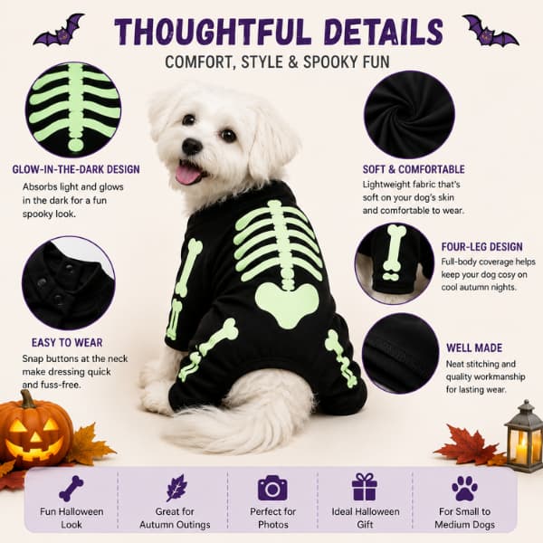 Glow-in-the-dark skeleton dog jumpsuit showing fabric, four-leg design and Halloween features