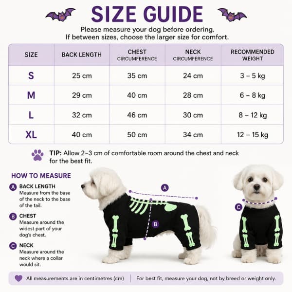 Size guide for glow-in-the-dark skeleton dog jumpsuit showing back, chest and neck measurements