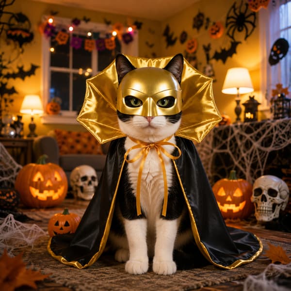 Cat wearing gold Halloween vampire cape and over-the-head mask