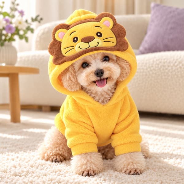 Small apricot toy poodle wearing a yellow plush lion hoodie with a brown mane detail in a cosy cream living room.