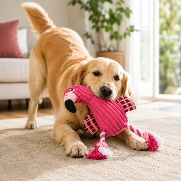 Happy Golden Retriever playing with a pink flamingo rope dog toy in a bright modern home, showing interactive play, chewing and everyday enrichment for dogs.