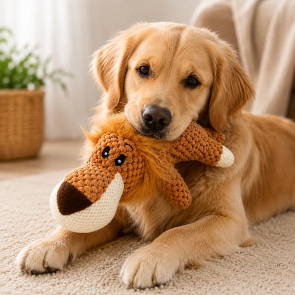 Golden retriever relaxing indoors while holding a soft plush squeaky dog toy designed for comfort and play