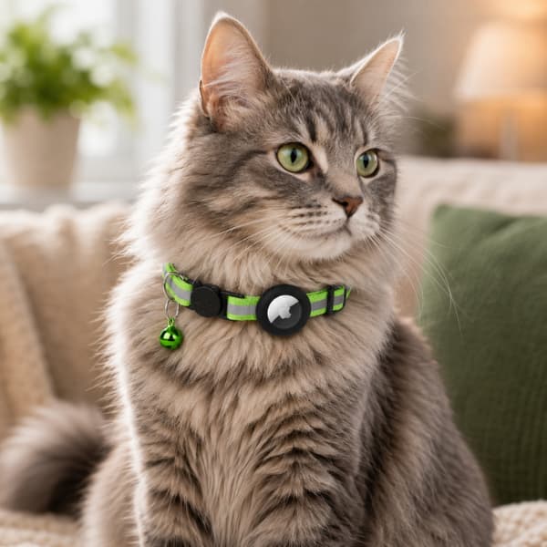 Fluffy grey cat wearing a green reflective AirTag safety collar with bell while relaxing indoors in a cozy home setting