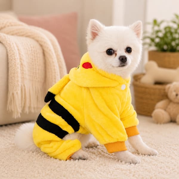 Small fluffy white dog wearing a cozy yellow bee onesie sitting indoors in a warm home setting