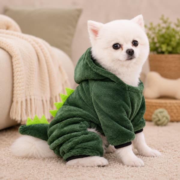 Small fluffy white dog wearing a cozy green dinosaur onesie sitting indoors in a warm home setting