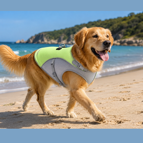 Golden Retriever wearing a green cooling vest on a sunny beach walk to help stay cool during hot summer weather